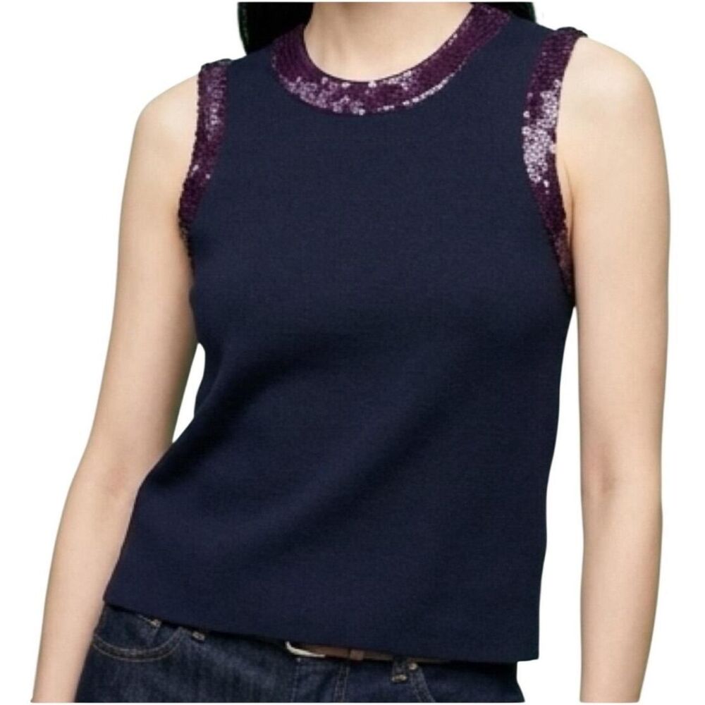 J. Crew Sequin Trim Merino Wool Blend Sleeveless Knit Top in Navy Blue Purple XL